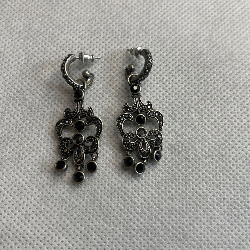 Art Deco Revival Chandelier Earrings Black Onyx Marcasite Dangle Silver Tone 2”